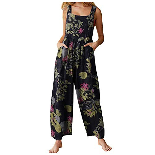 Hesxuno Jumpsuits for Women Casual Loose Plus Size Overalls Retro Print Wide Leg Buttons Jumpsuits Rompers with Pockets