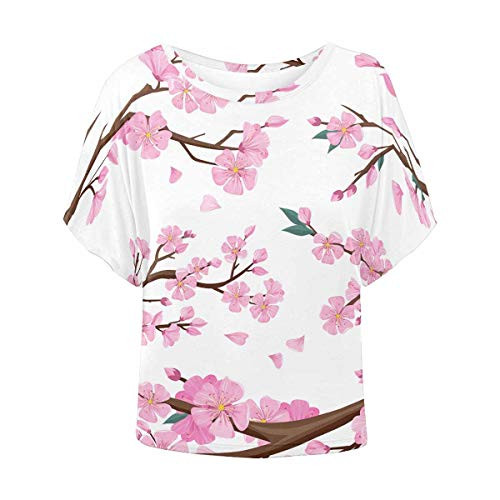INTERESTPRINT Women's Short Sleeve Casual Blouse Tops T-Shirt Batwing Shirt Japan Cherry Branch M