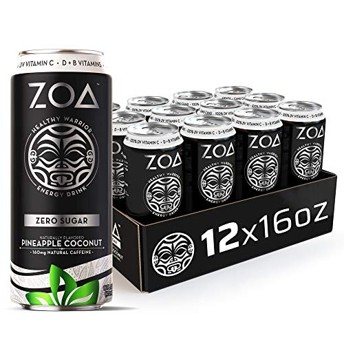 ZOA- Zero Sugar Energy Drink- Pineapple Coconut- 16 fl. oz. -Pack of 12- - Supports Healthy Immunity- Focus- Hydration- Body  and  Energy - 100 percent DV Vitamins C- B6  and  B12