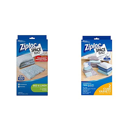 Ziploc Reusable Clothes Storage Bags- 2 Jumbo Vacuum Seal Storage Bags- Space Bags  and  Reusable Clothes Storage Bags- 2 Piece Cube Combo Vac Bags- 1 Large Cube- 1 XL Cube- Space Bags