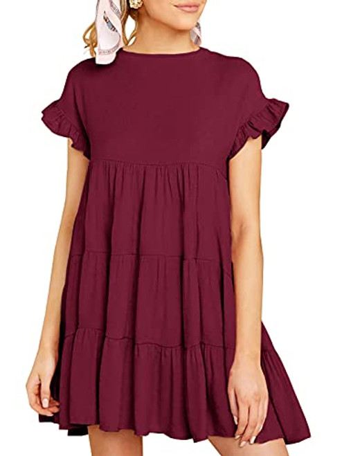 Imysty Womens Boho Floral Printed Babydoll Ruffles Casual Loose Short Mini T-Shirt Dress -Large- 2-Wine Red- Imysty Womens Boho Floral Printed Babydoll Ruffles Casual Loose Short Mini T-Shirt Dress -Large- 2-Wine Red-