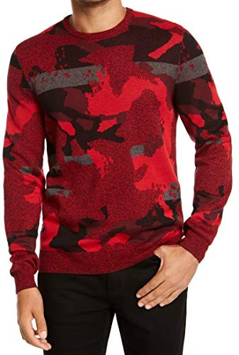 Alfani Mens Sweater Gray Large Abstract Jacquard Knit Crewneck Red L