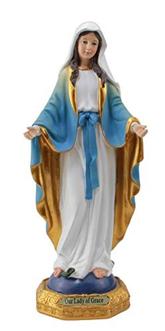 Our Lady of Grace Blessed Virgin Mother Mary Catholic Religious Gift 12 Inch Gold Base Large Resin Colored Statue