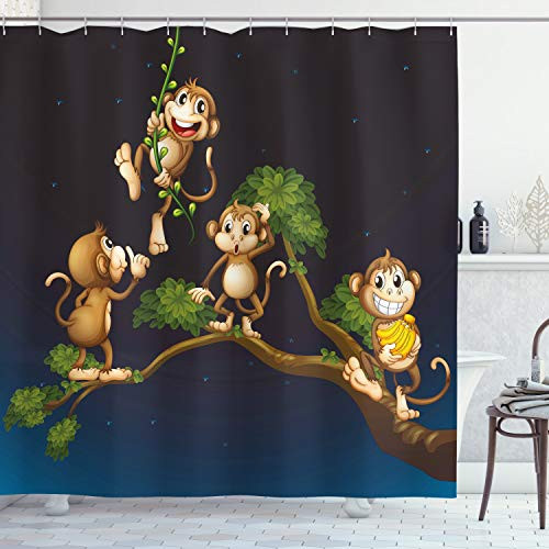 Ambesonne Nature Shower Curtain- Animal Theme Illustration of 4 Monkeys on The Tree Branch Art- Cloth Fabric Bathroom Decor Set with Hooks- 70inch Long- Blue Caramel Ambesonne Nature Shower Curtain- Animal Theme Illustration of 4 Monkeys on The Tree Branch Art- Cloth Fabric Bathroom Decor Set with Hooks- 70inch Long- Blue Caramel