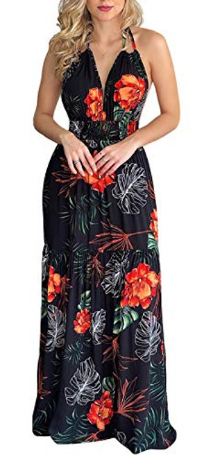 Women's Beach Backless Bohemian Halter Maxi Long Dress Casual Boho Tropical Print Sundress Black Large