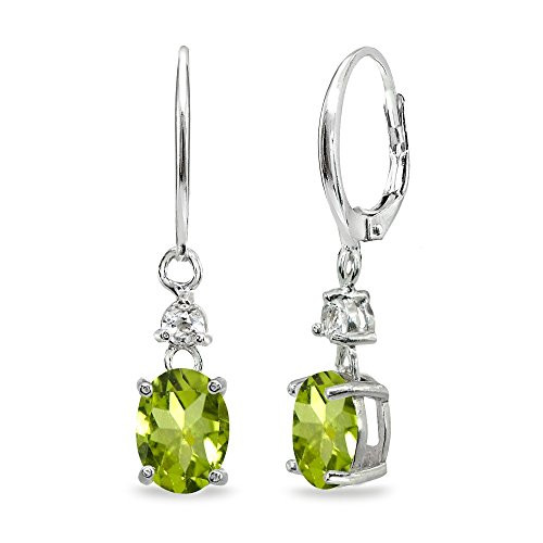 Sterling Silver Peridot  and  White Topaz 8x6mm Oval Dangle Leverback Earrings