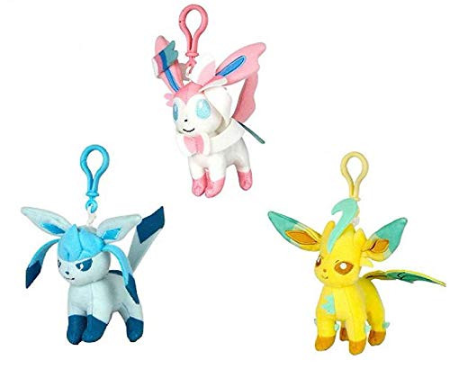U.C.C. Distributing Exclusive Eeveelution of Eevee Set of 3 Plush Clip Toys with Official Tags Includes - Sylveon - Glaceon  and  Leafeon