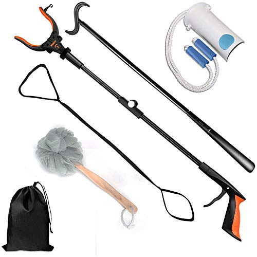 7 Pcs Hip Knee Back Replacement Recovery Kit With 32inch Grabber Reacher Tool- Slick Sock Aid- Sturdy Long Shoe Horn  and  Dressing Stick- Leg Lifter- Bath Sponge- Storage Bag