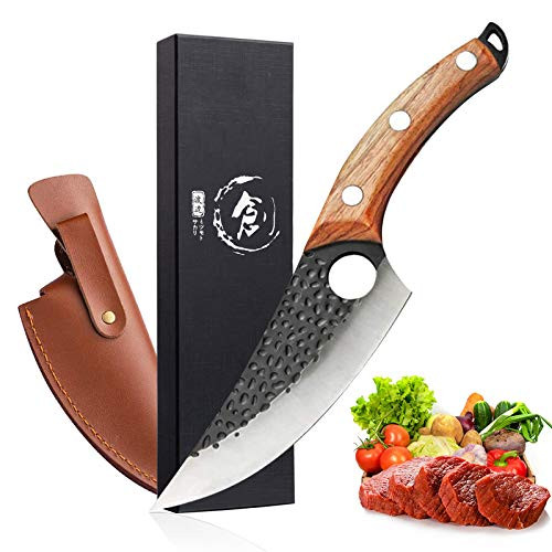 Meat Cleaver Knife Hand Forged Boning Knife with Sheath Butcher Knives High Carbon Steel Fillet Knife Vegetable Chef Knives for Kitchen- Camping- BBQ