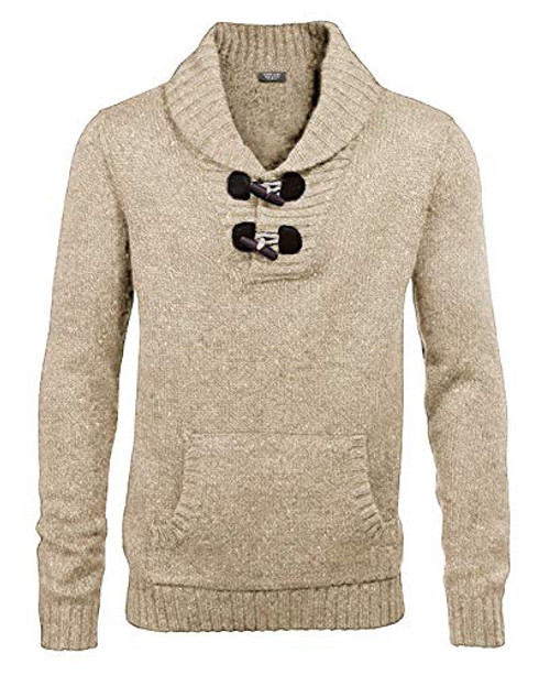 COOFANDY Men's Shawl Collar Pullover Sweater Relaxed Fit Casual Cotton Cable Knit Sweaters with Pockets Khaki