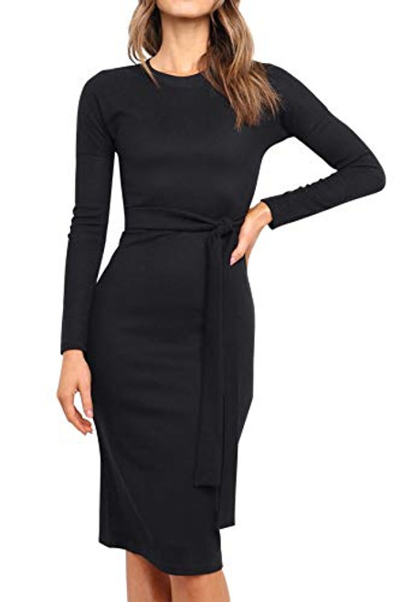 R.Vivimos Women's Winter Cotton Long Sleeves Elegant Tie Waist Ribbed Knit Bodycon Sweater Dress -Small- Black-1-