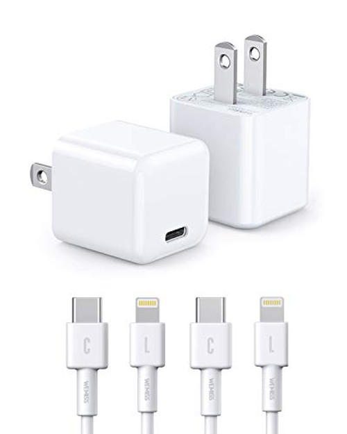 USB C Charger- WEMISS 2-Pack Mini 20W iPhone 12 Fast Type C Wall Charger with PD 3.0- Durable Compact USB-C Power Adapter for iPhone 12/12 Pro Max- MagSafe Duo- 11 Pro Max -White2PlusCable2-