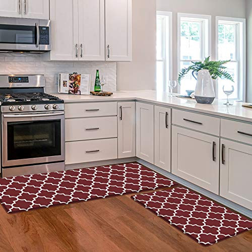 KMAT Kitchen Mat -2 PCS- Cushioned Anti-Fatigue Kitchen Rug- Waterproof Non-Slip Kitchen Mats and Rugs Heavy Duty PVC Ergonomic Comfort Standing Foam Mat for Kitchen- Office- Sink- Laundry-Red