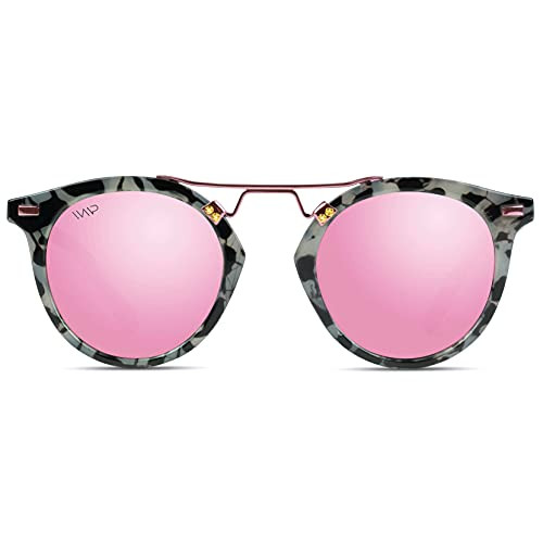 WearMe Pro - Polarized Round Vintage Retro Mirrored Lens Women Metal Frame Sunglasses -Tortoise / Pink Lens-