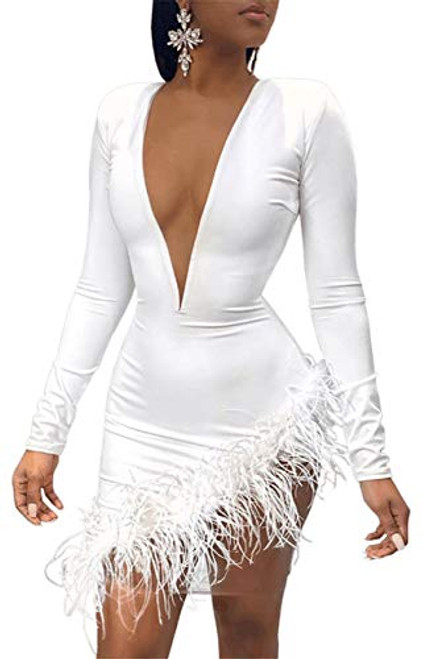 Hotheart Women's Long Sleeve Deep V Neck Feather Hem Bodycon Sexy Nightclub Party Dress White