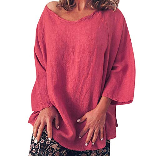 TOPUNDER Womens Casual O-Neck 3/4 Sleeve Solid Linen T-Shirt Loose Pullover Top Blouse