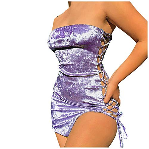 Chanyuhui Womens Dresses Sexy-2021 Women's Wrap Dresses Hollow Out Mini Dress Lace Up Club Short Tube Dress Purple Chanyuhui Womens Dresses Sexy-2021 Women's Wrap Dresses Hollow Out Mini Dress Lace Up Club Short Tube Dress Purple