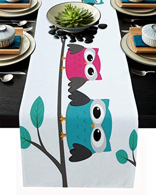 Lightrain Table Runner Cute Owl Family on The Branch Burlap Table Runners 13inchx70inch Non-Slip Heatproof Easy to Clean Modern Farmhouse Kitchen Table Runner for Patios Family Dinner