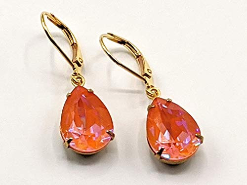 Swarovski Orange Glow Crystal Earrings Small Orange Rhinestone Jewelry Gold Dangle and Drop Swarovski Orange Glow Crystal Earrings Small Orange Rhinestone Jewelry Gold Dangle and Drop