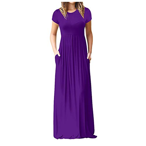 MoKFE Dress for Women-Fashion O Neck Casual Pockets Short Sleeve Ruched Floor Length Dresses Loose Party Dress Purple