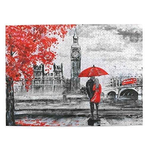 Jigsaw Puzzles 500 Pieces-Oil Painting On Canvas Street View Of London River And Bus On Bridge-Large Family Puzzle Game Artwork for Adults Teens