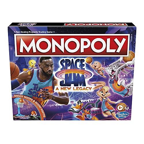 Hasbro Gaming Monopoly- Space Jam A New Legacy Edition Family Board Game- Strategy Game- Kids Ages 8 and Up- Lebron James Space Jam Game- Shoot Hoops