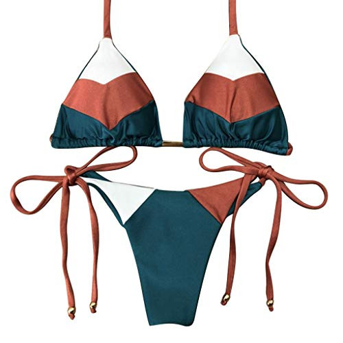 Women's Swimsuit Sexy Halter Thong Bikini Tie Side Bottom Triangle Swimsuits Metallic Thong String Bathing Suit