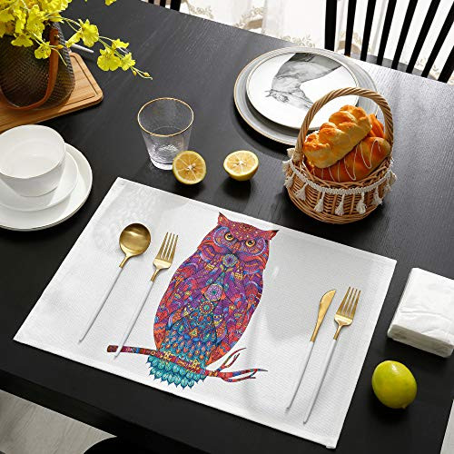 Advancey Set of 4 Placemats Simple Line Colorful Pattern Owl Standing on The Branch Heat Resistant Place Mat for Dining Table Washable Non-Slip Table Mats Kitchen Home Decor