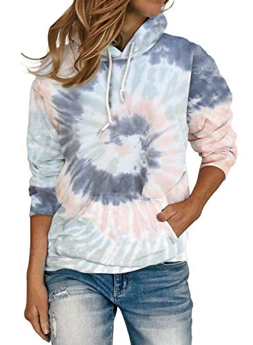 ROSKIKI Womens Loose Color Block Tie Dye Long Sleeve Hoodies Drawstring Pullover Sweatshirts Shirts Tops Blue Large