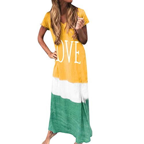 Kaitobe Long Maxi Dresses for Women Gradient Color Block Casual Summer Dresses Short Sleeve V-Neck Loose Beach Sundress Yellow