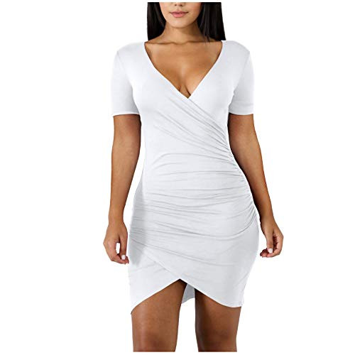 IXnzadn Women's Sexy Wrapped Dress Short Sleeve V-Neck Slim Above Knee Mini Dress Ladies Solid Color Tight Bodycon Mini Dress White IXnzadn Women's Sexy Wrapped Dress Short Sleeve V-Neck Slim Above Knee Mini Dress Ladies Solid Color Tight Bodycon Mini Dress White