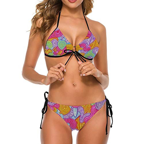 Abstract Art Print Women Two Piece Halter Padded Top Tie Side Bottom Triangle Bikini Bathing Suit 2XL