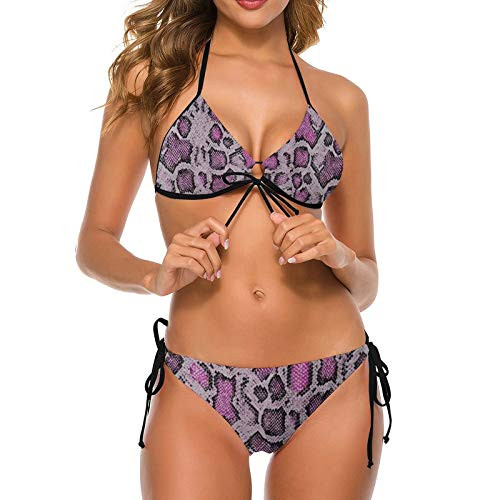 Snakeskin Pattern Art Women Two Piece Halter Padded Top Tie Side Bottom Triangle Bikini Bathing Suit M