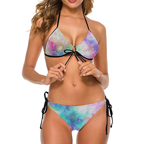 Tie Dye Painting Art Women Two Piece Halter Padded Top Tie Side Bottom Triangle Bikini Bathing Suit M