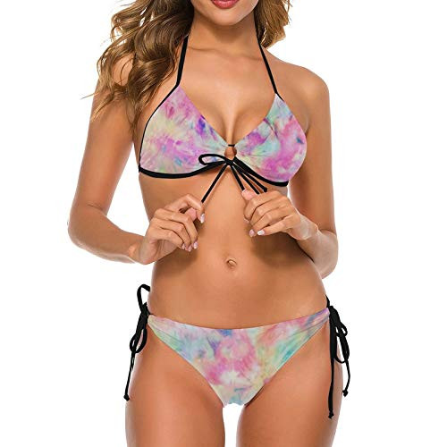 Tie Dye Painting Art Women Two Piece Halter Padded Top Tie Side Bottom Triangle Bikini Bathing Suit XL