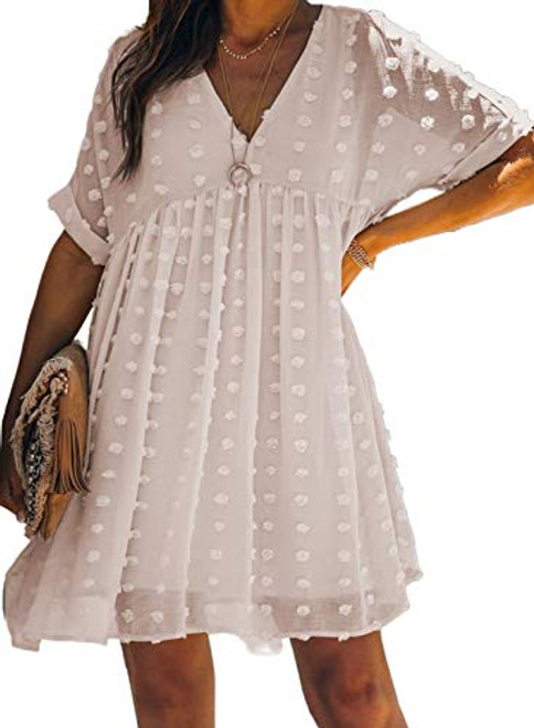 AlvaQ Women Summer Tunic Dress V Neck Short Sleeve Casual Loose Flowy Swing Shift Dress White Medium AlvaQ Women Summer Tunic Dress V Neck Short Sleeve Casual Loose Flowy Swing Shift Dress White Medium