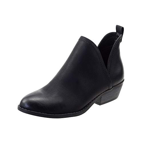 FIBURE Womens Low Heel Ankle Boots V Cutout Almond Toe Stacked Chunky Heel Booties Brown US 11