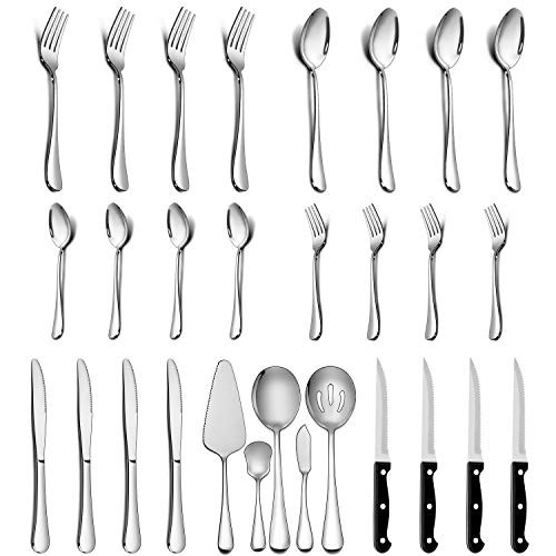 LIANYU 29-Piece Silverware Set with Steak Knives and Serving Utensils- Stainless Steel Flatware Cutlery Set Service for 4- Eating Utensil Set for Home Party Wedding- Dishwasher Safe- Mirrored Finish