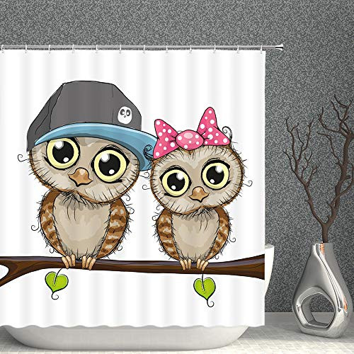 Cute Owls Shower Curtain Cartoon Owl Couple Wildlife Tree Branch Romance Love Decor White Fabric Bathroom Curtains-80x70 Inch Waterproof Polyester with 12pcs Hooks Cute Owls Shower Curtain Cartoon Owl Couple Wildlife Tree Branch Romance Love Decor White Fabric Bathroom Curtains-80x70 Inch Waterproof Polyester with 12pcs Hooks