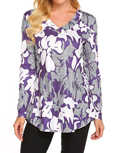 Sweetnight Women Floral Print V Neck Button Decor Peasant Summer Swing Tunic Tops Shirts -Purple- X-Large-