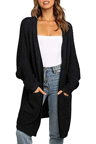 YIBOCK Women's Loose Open Front Long Sleeve Knit Kimono Cardigans Sweater with Pockets Black M