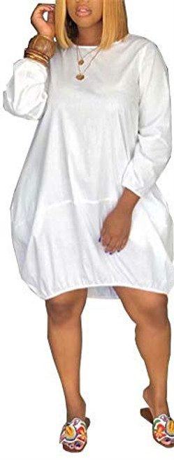 LKOUS Women Casual Solid Color Long Sleeve Round Neck Bubble Hem Lantern Baggy Loose Midi Dresses Plus Size White