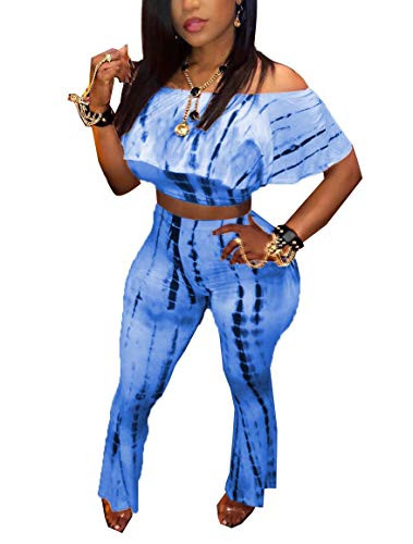 LKOUS Women 2 Piece Outfits Clubwear Tie-dye Ruffles Off Shoulder Short Sleeve Crop Top High Waisted Long Pants Set Suit