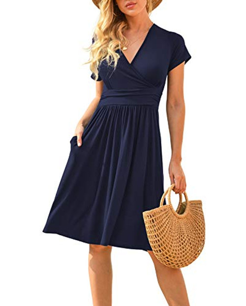 LILBETTER Women Summer Casual Short Sleeve Dresses Empire Waist Dress with Pockets Navy Blue Large LILBETTER Women Summer Casual Short Sleeve Dresses Empire Waist Dress with Pockets Navy Blue Large