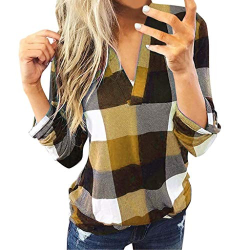 Women's V Neck Mesh Panel Blouse 3/4 Bell Sleeve Loose Top Shirt Gold
