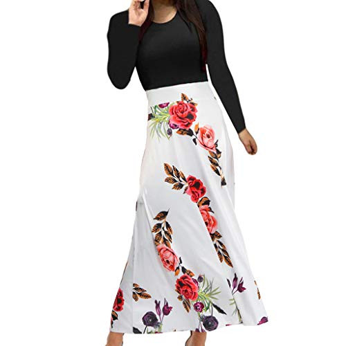 KYLEON Dress for Women- Maxi Long Dress Casual Summer Floral Boho Print Long Sleeve Sundress Party Beach Tunic Dress White