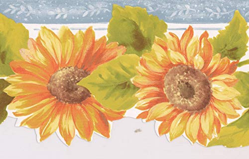 Prepasted Wallpaper Border - Orange Yellow Sunflowers Silver Grey Trim Scalloped Floral Wall Border Retro Design- Roll 15 ft. x 5 in.