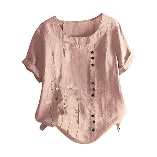 ZSBAYU Linen Shirts Summer Casual Plus Size Blouse Pullover Womens O-Neck Button Short Sleeve Floral Print Tops Tunic Pink