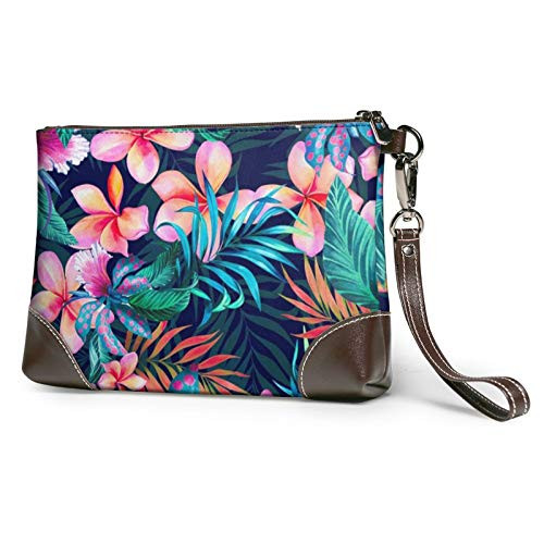 Leather Wristlet Clutch Bag Neon Tropical Hawaiian Flowers With Wristlet Strap Wallet Zip Small Purses Handbags