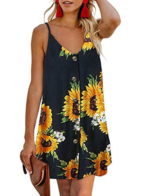 AlvaQ Summer Sleeveless Sunflower Dress for Women Spaghetti Straps Button Down V Neck Swing Skater Floral Print Mini Dresses Black Large AlvaQ Summer Sleeveless Sunflower Dress for Women Spaghetti Straps Button Down V Neck Swing Skater Floral Print Mini Dresses Black Large